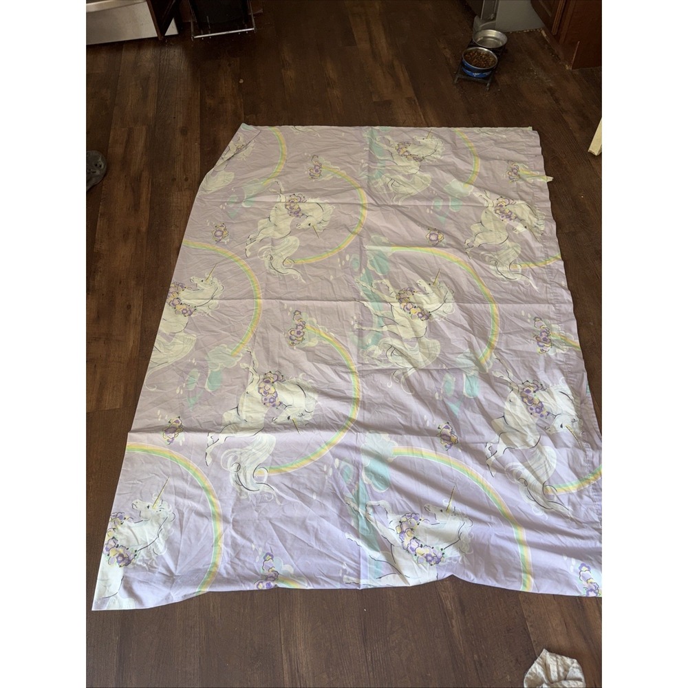 Vintage Bibb Co Unicorn Flat Sheet Full Size 80s Purple Mythical Rainbow Flowers
